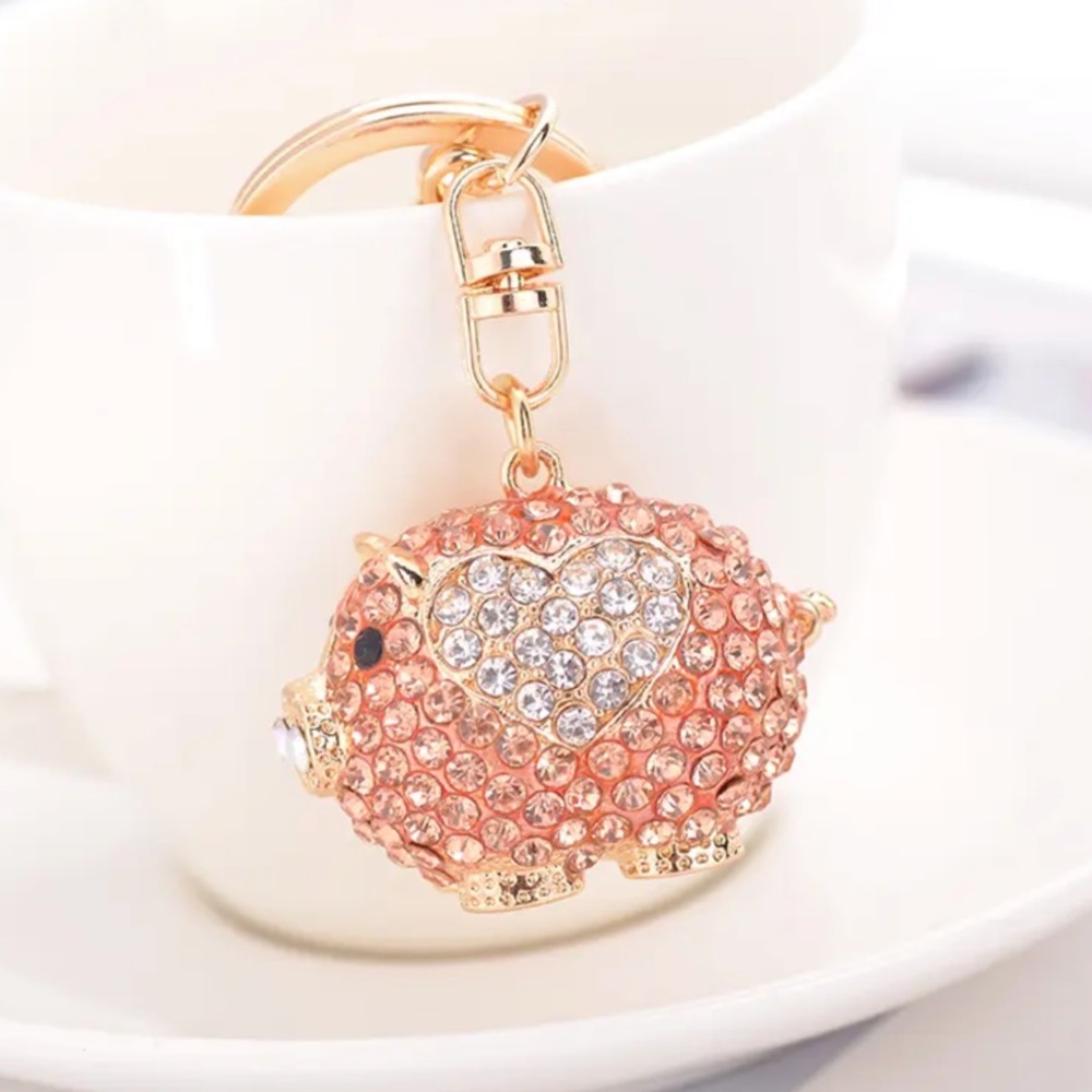 Peach Crystal Pig with Silver Heart Keychain Charm